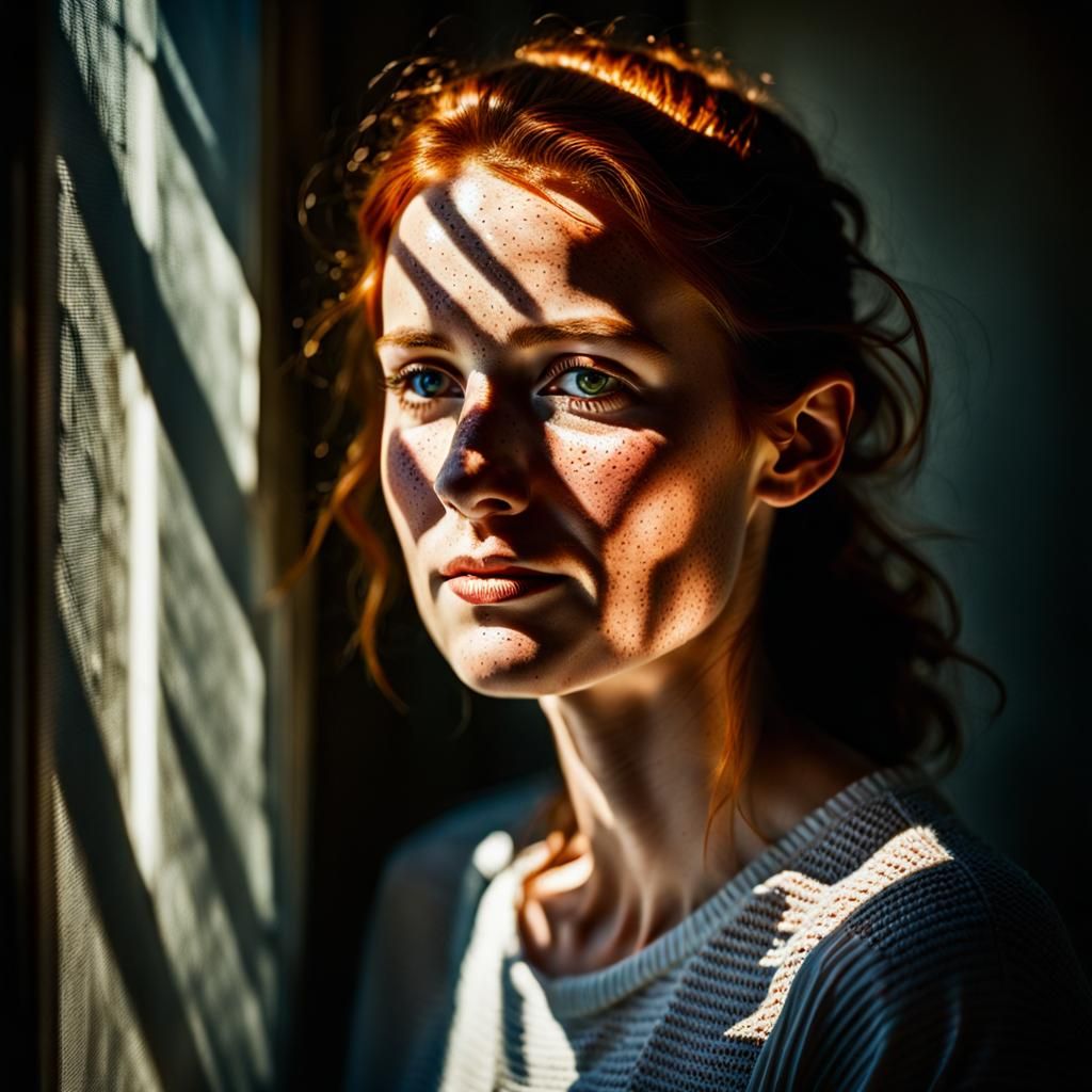 Freckled Woman Portrait with Sunlight and Shadows