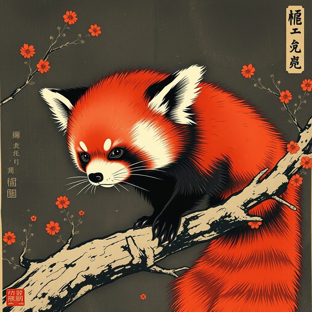 Elegant Red Panda in Ukiyo-e Ink Drawing Style