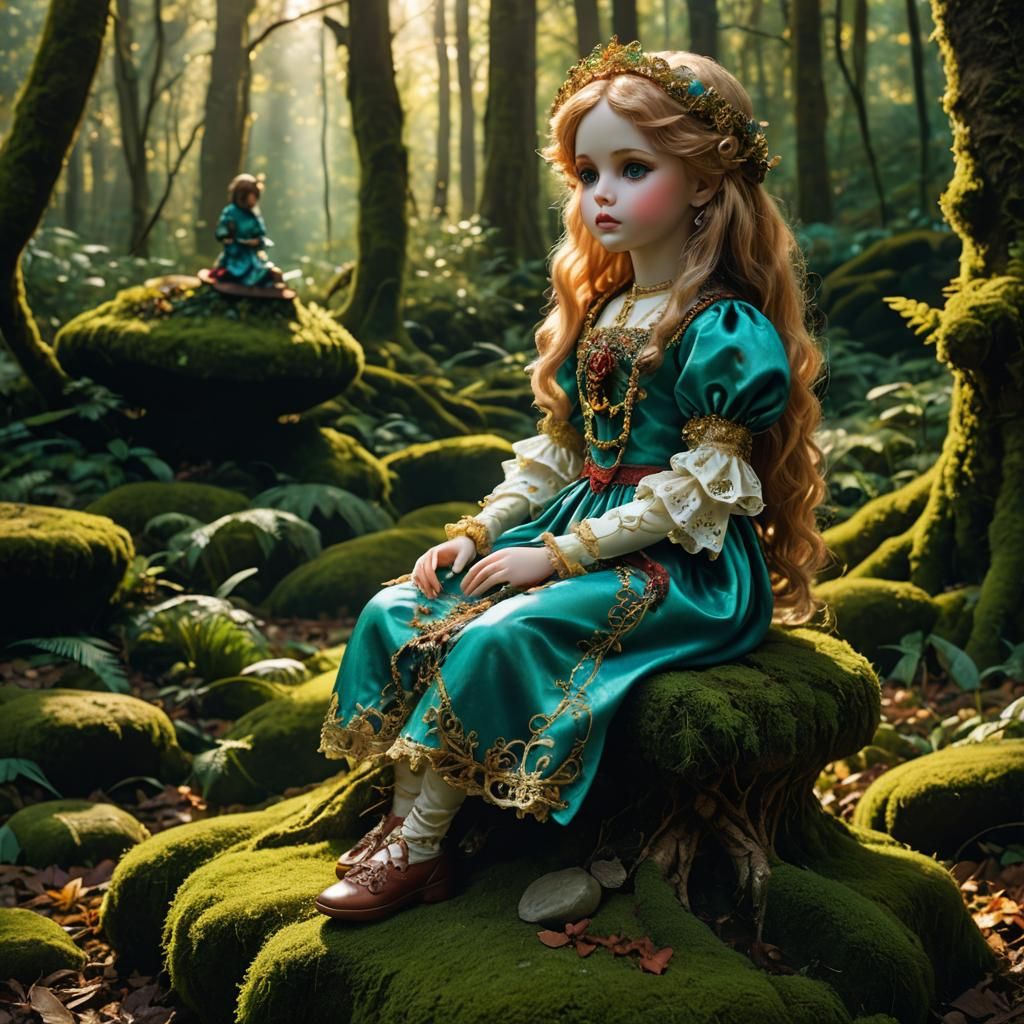 Porcelain Doll in Mystical Forest: Fantasy Art