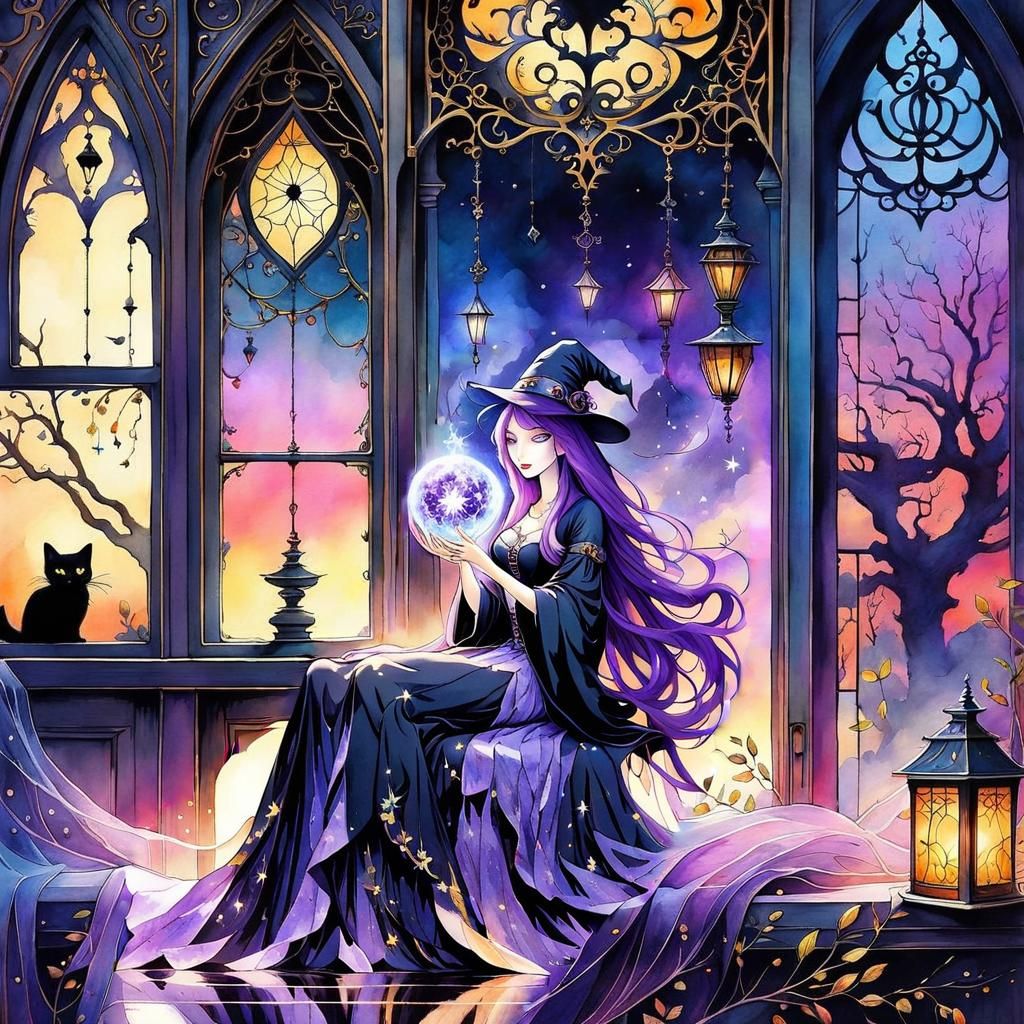 Whimsical Witch Collage with Magic Orb