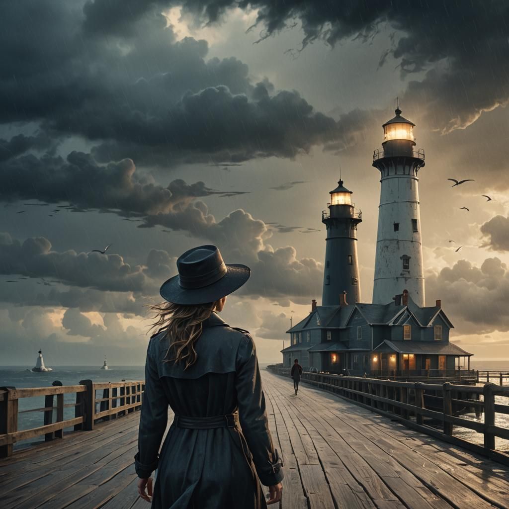 Woman on Pier in Storm, Atmospheric Oil Painting