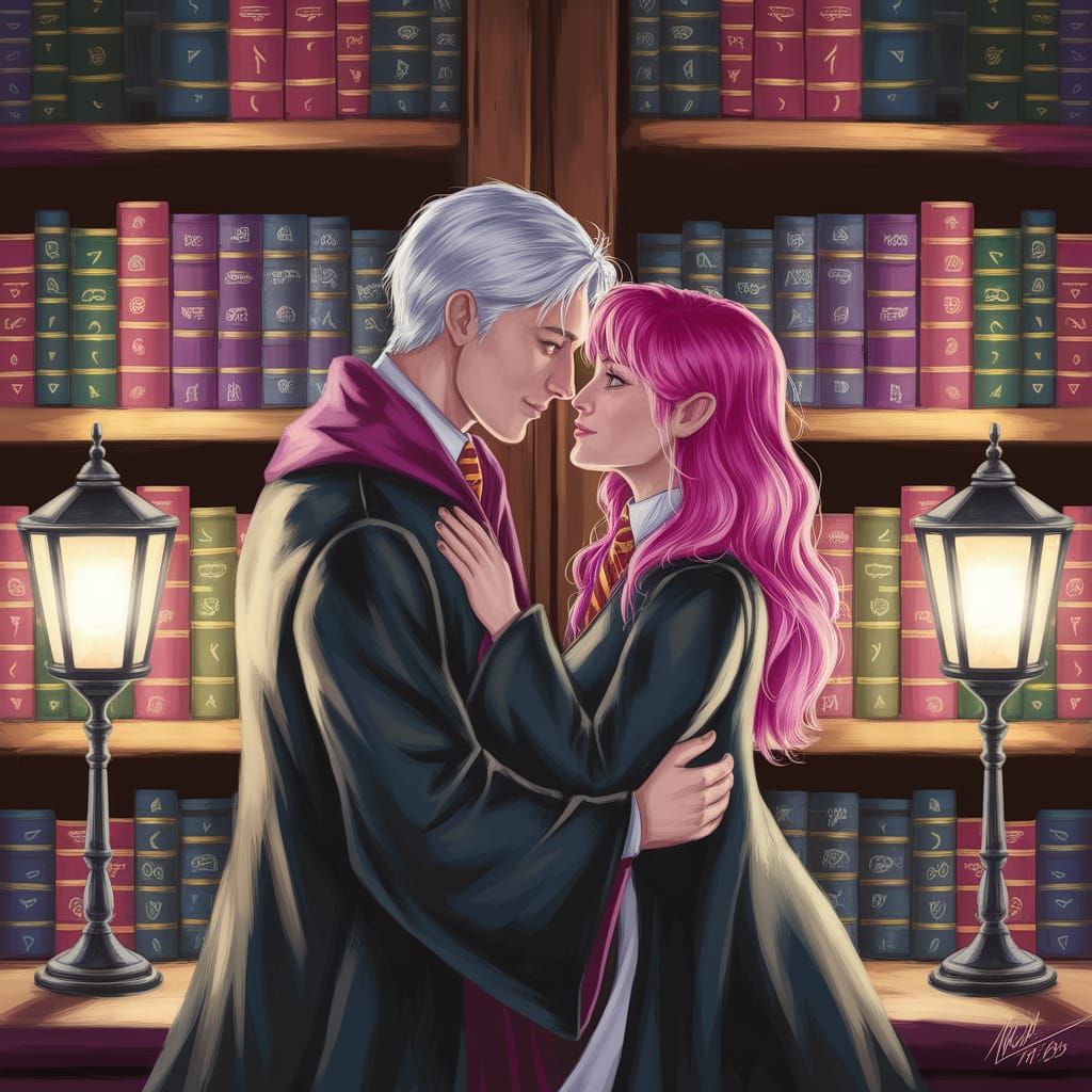 Remus Lupin and Tonks: Intimate Moment in Hogwarts Library