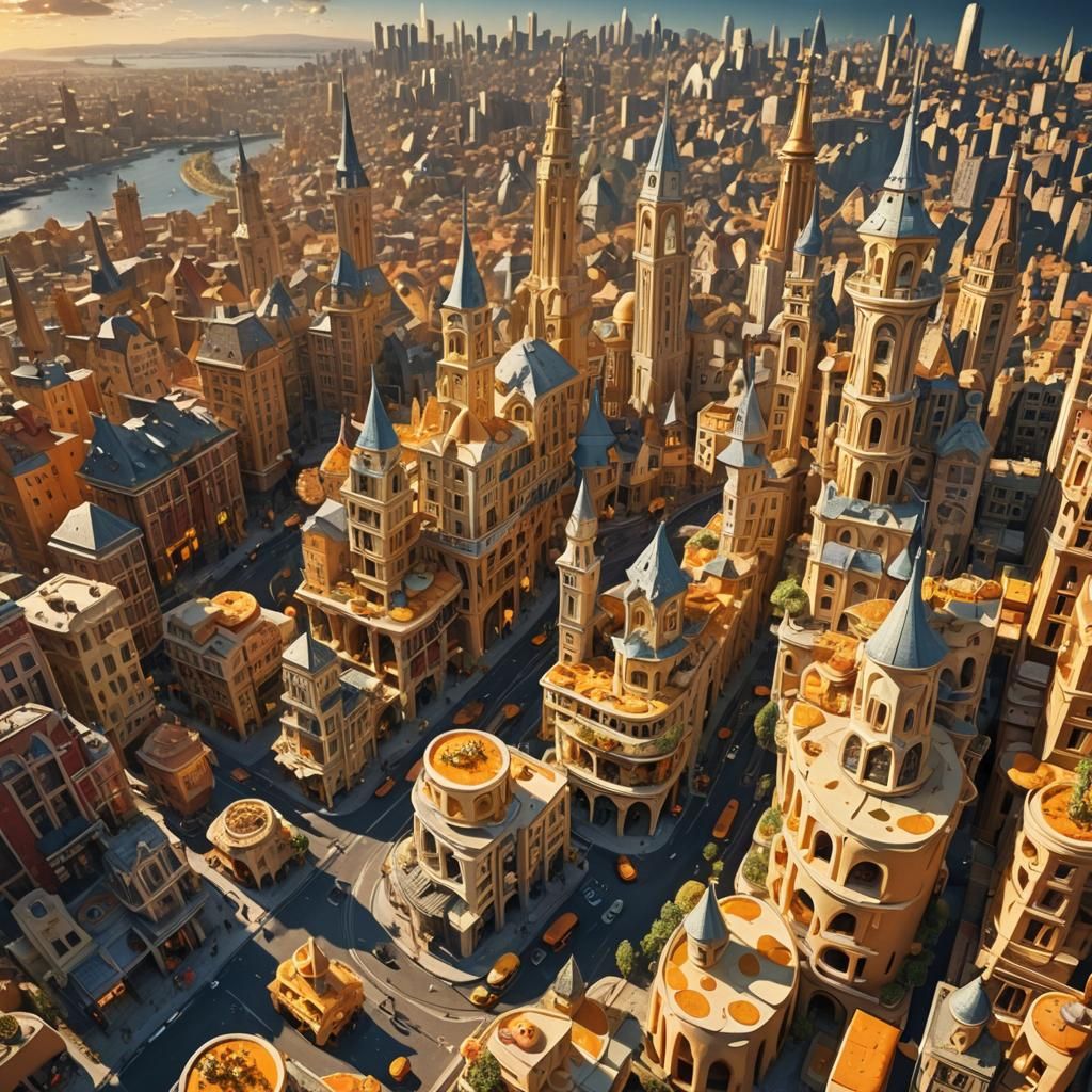 Cheese Cityscape: Fantastical Digital Art Metropolis