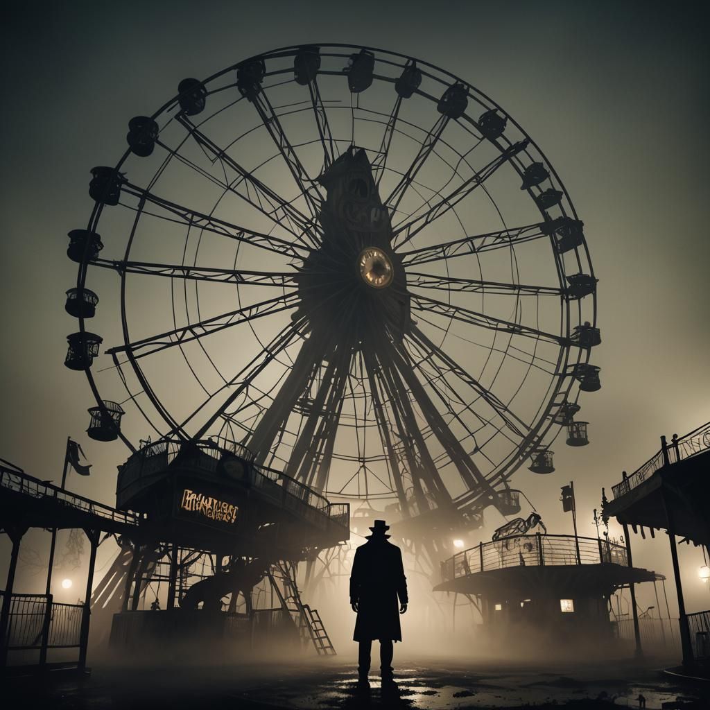 Eerie Hat Man in Abandoned Amusement Park Illustration
