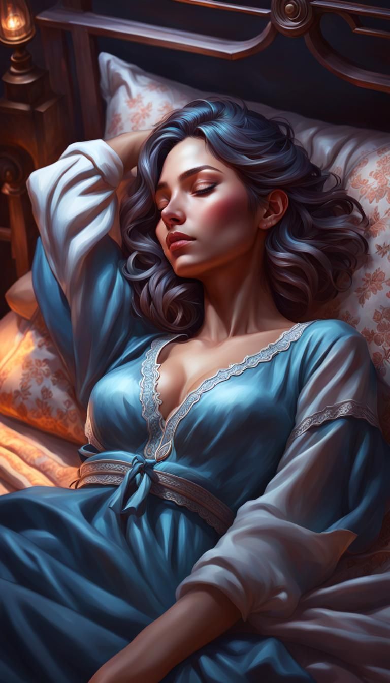 Fullbody of Cozy sleeping girl on bed relaxed head and shoulders portrait, 8k resolution concept art portrait by Greg Ru...