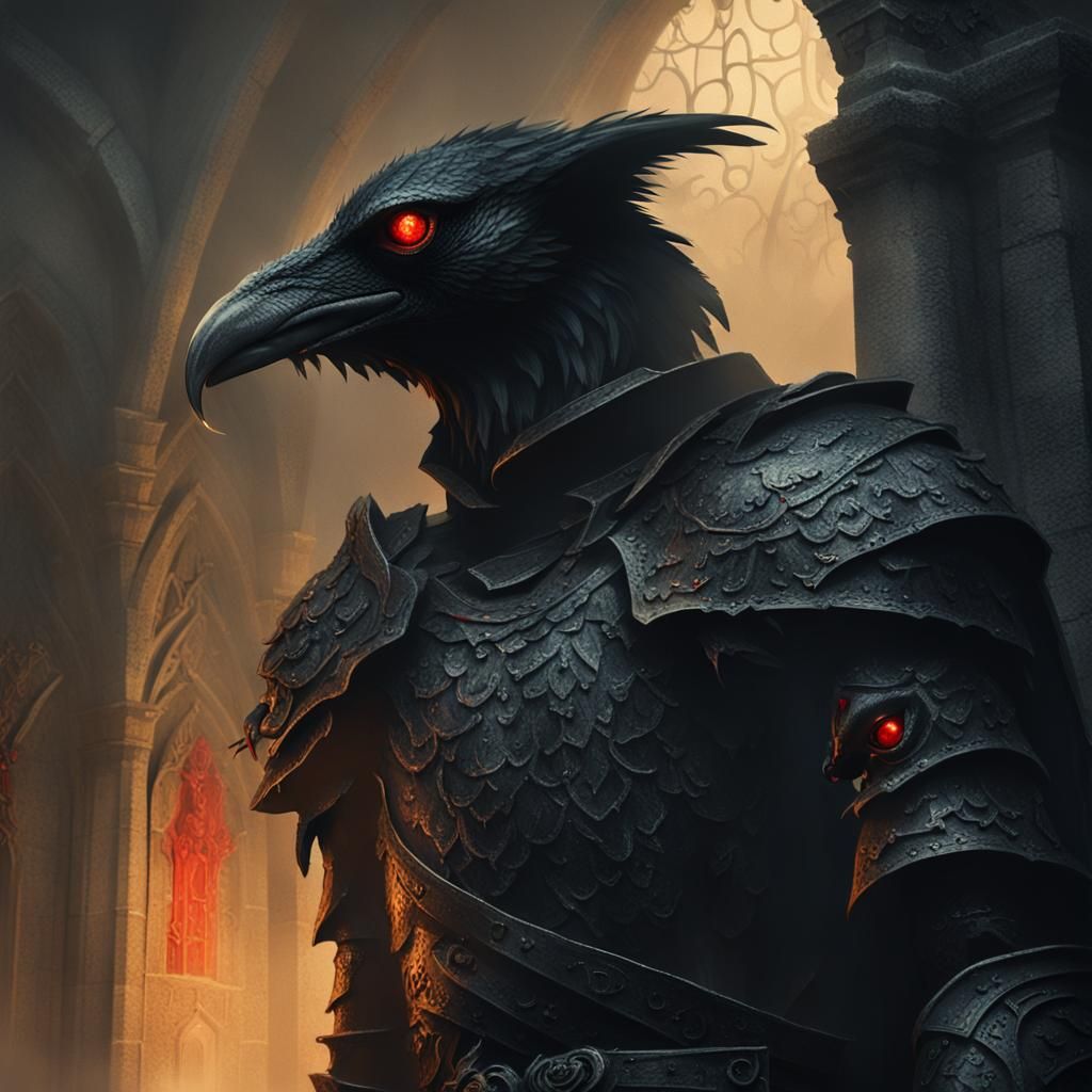 Eerie Crow Knight and Gargoyle in Dark Fantasy