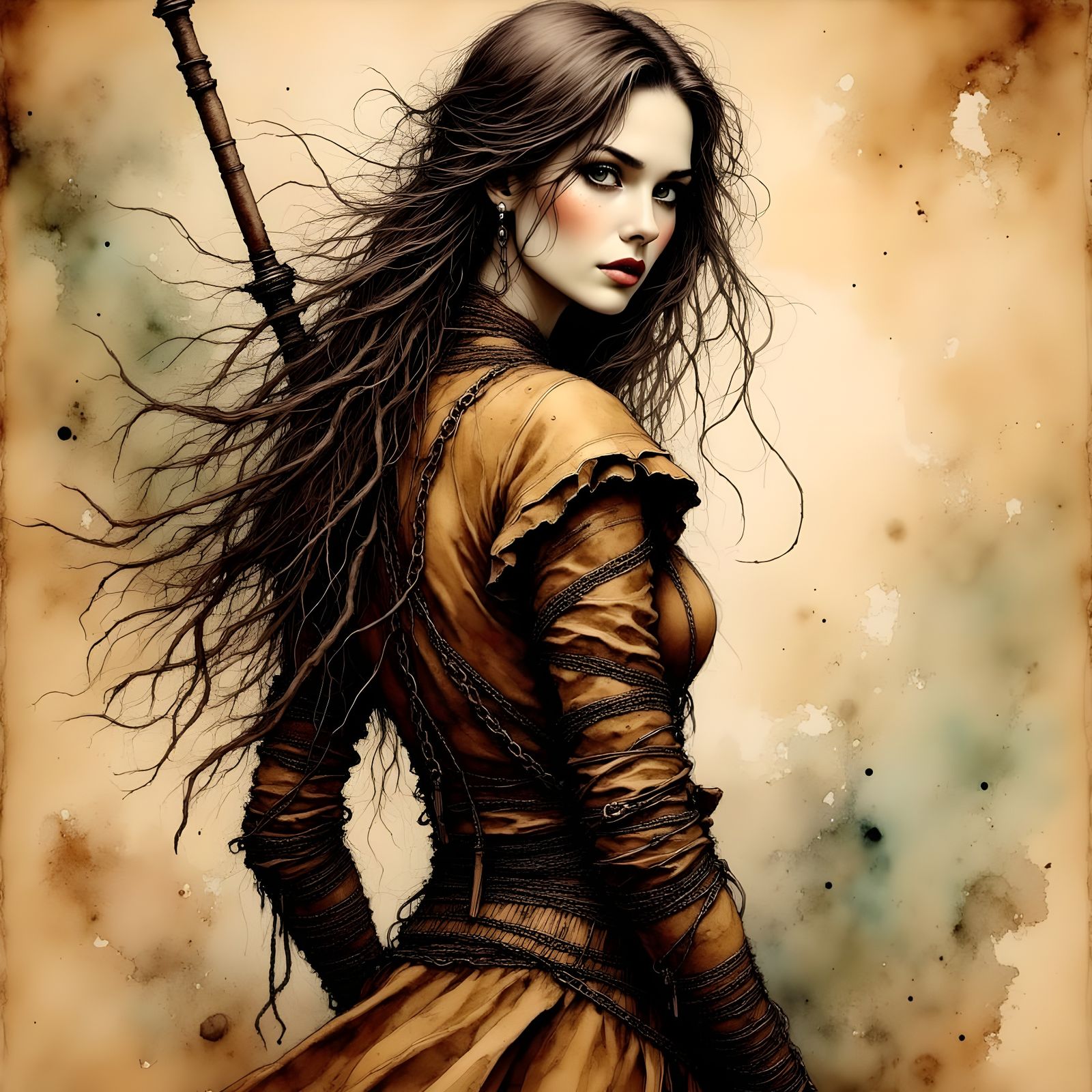 Norse Goddess with Intense Gaze, Ink Lines and Watercolor