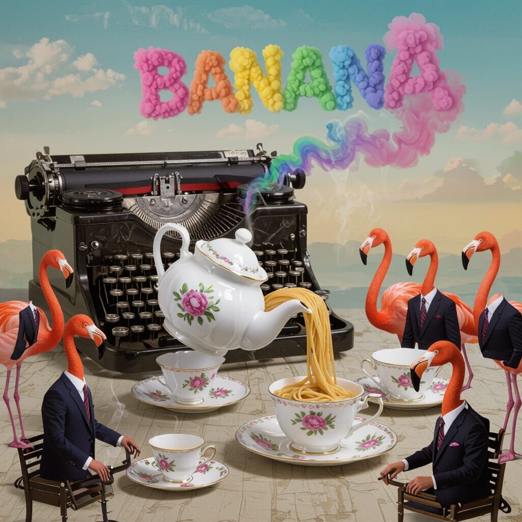 Teapot Serves Flamingos Spaghetti: Surreal Digital Art