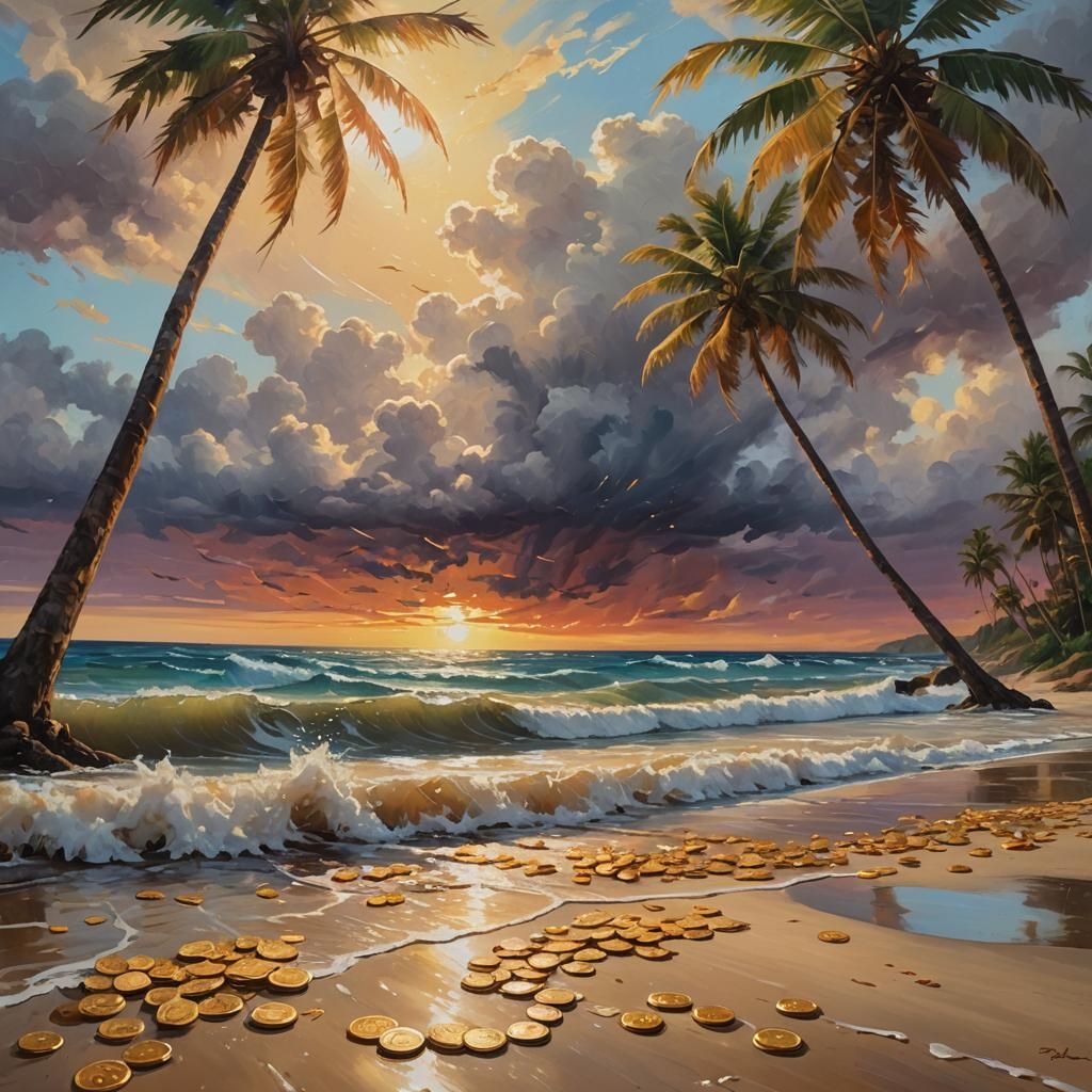 Golden Hour on Stormy Beach: Vibrant Oil Painting