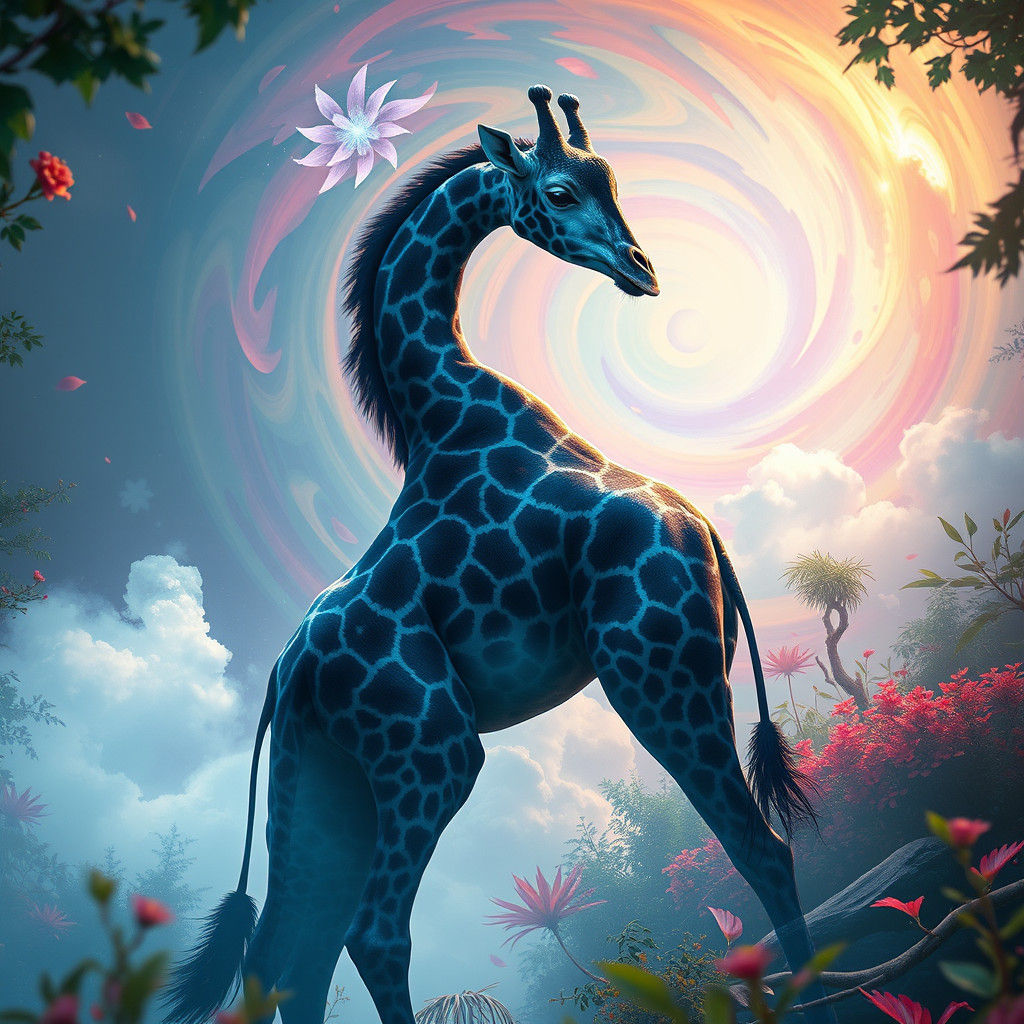 Blue and Black Giraffe in Dreamlike Matte Painting