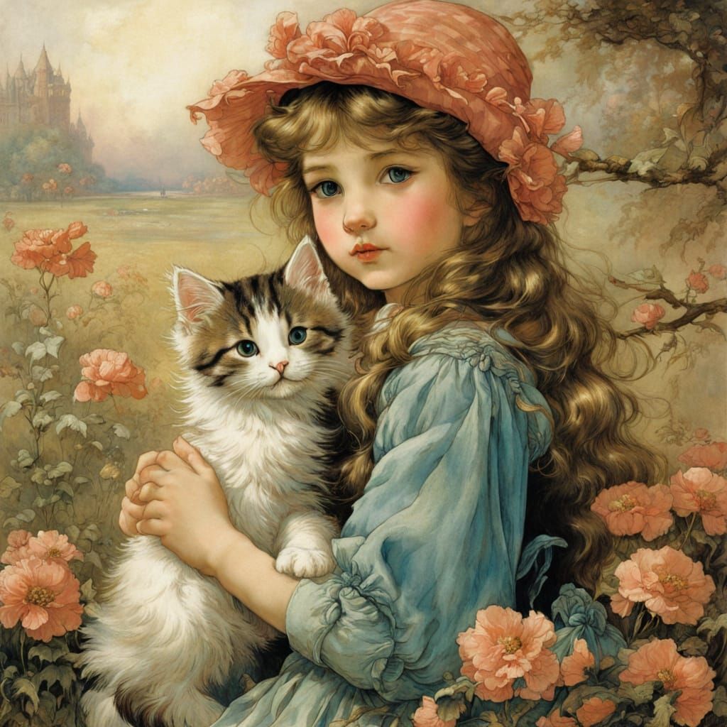 Girl with Kitten in Arthur Rackham Style