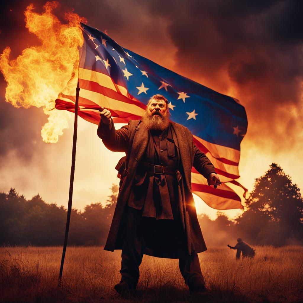 Brian Blessed Burns Flag in Dramatic Film Still