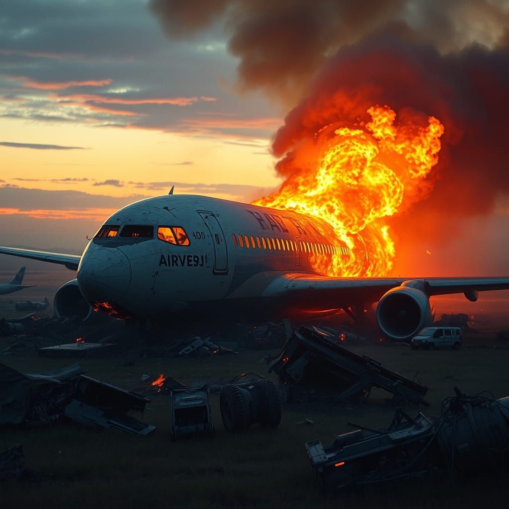 Commercial Airliner Inferno in a Smoldering Rural Landscape