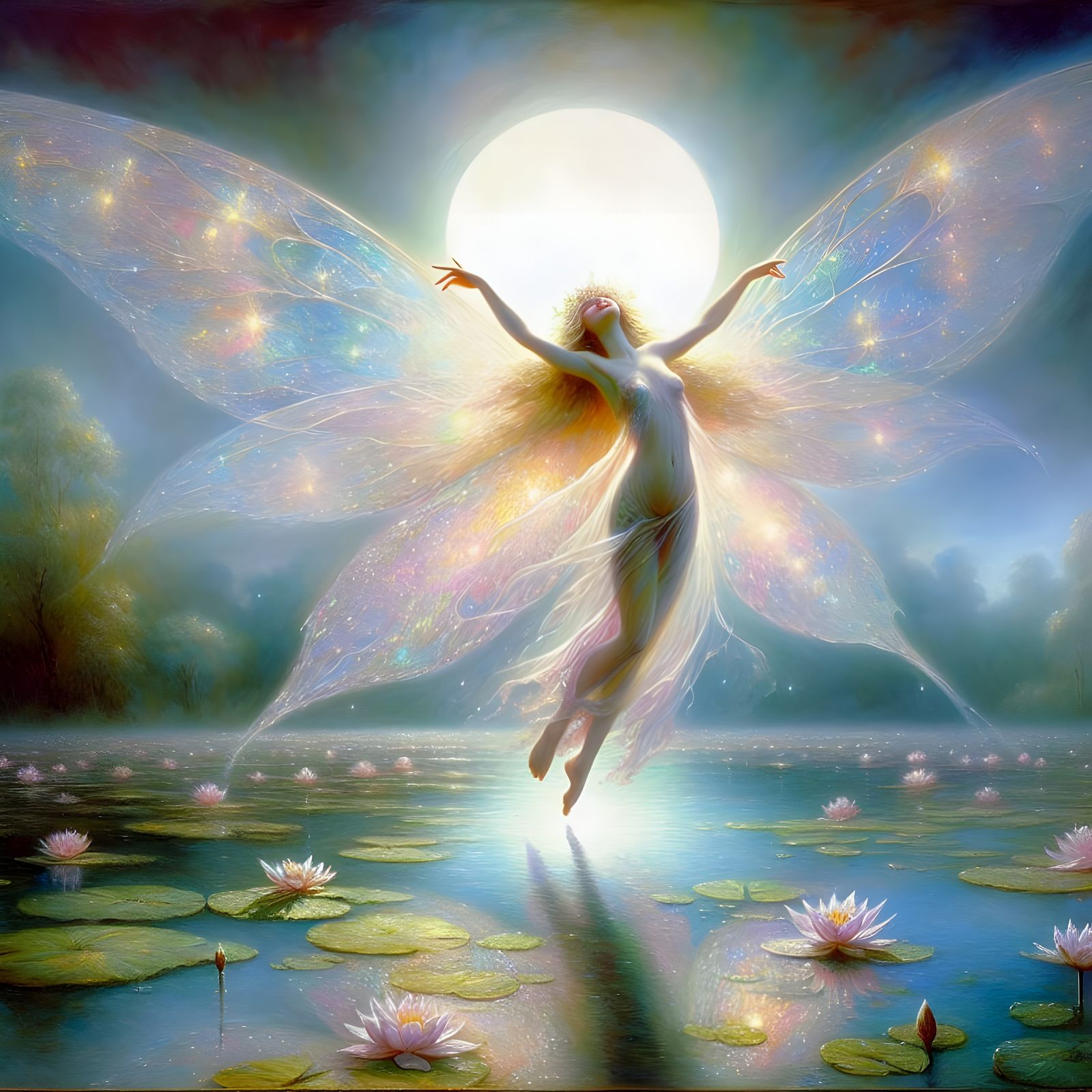 Enchanting Fairy Dancing on Moonbeam, Impressionist Style