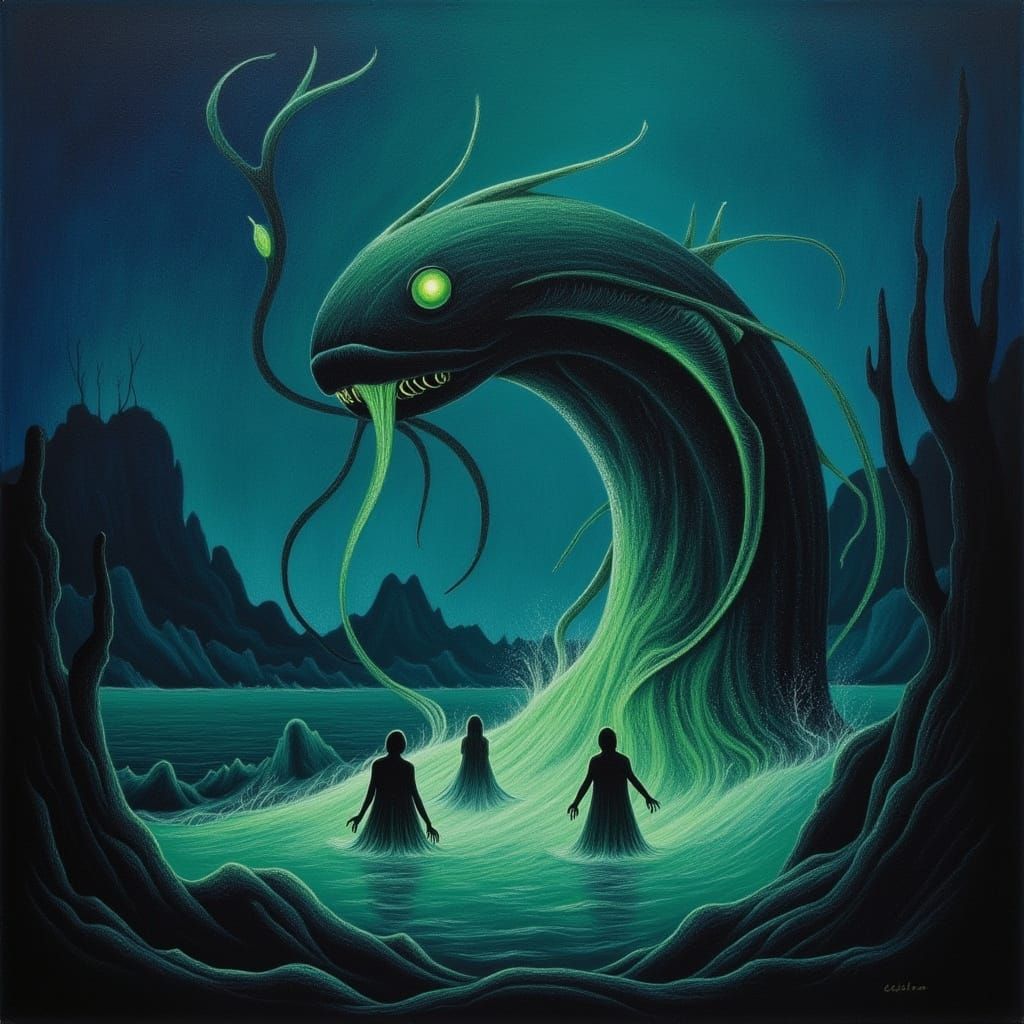 Mythical Kraken Rises from Swamp in Dark Fantasy Painting