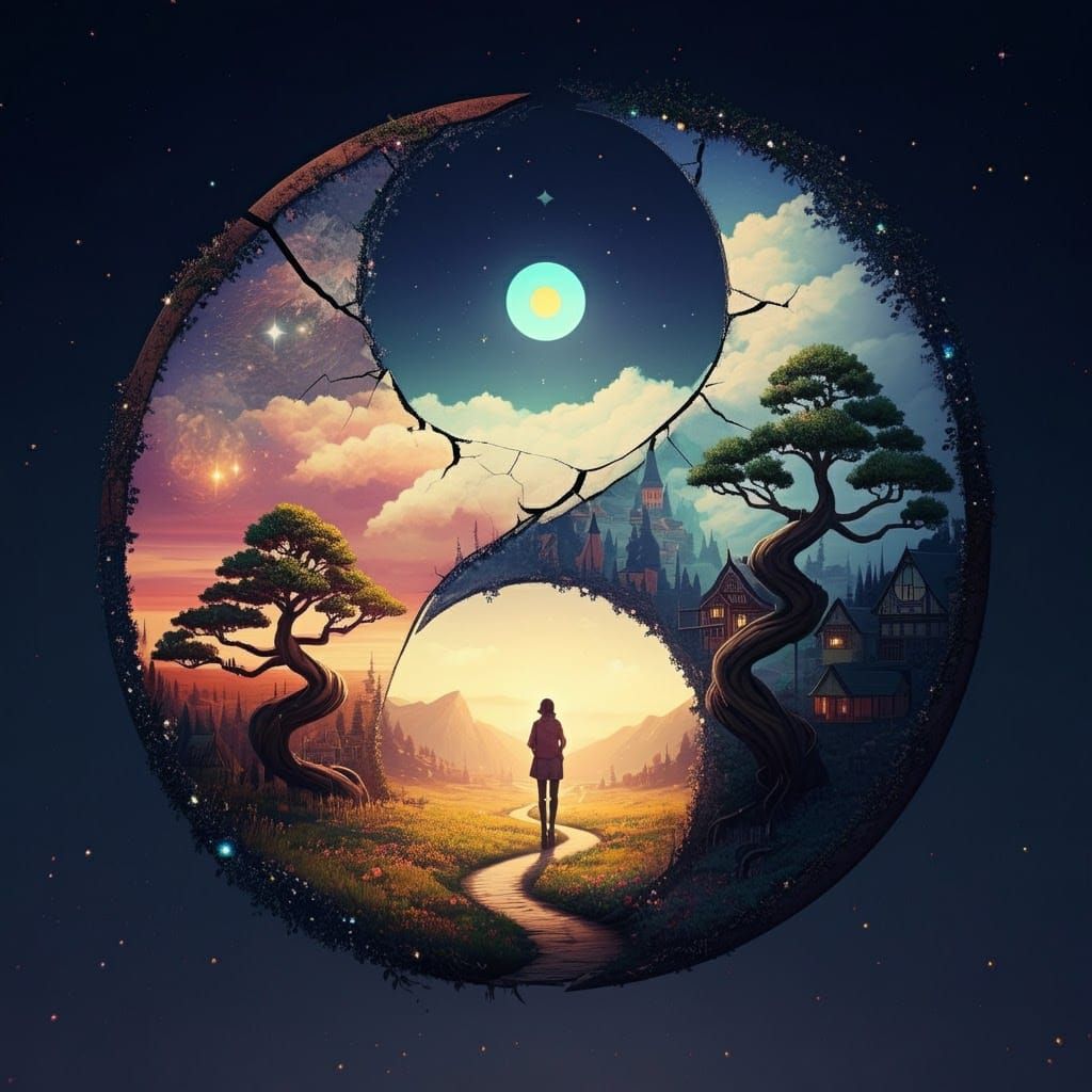 Surreal Fantasy Stargate with Bonsai and Cottages