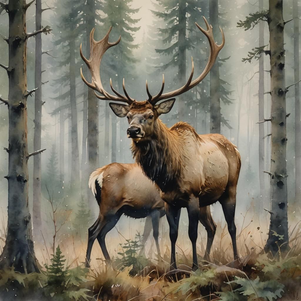 Majestic Elk Bugling in Misty Forest: Watercolor Art