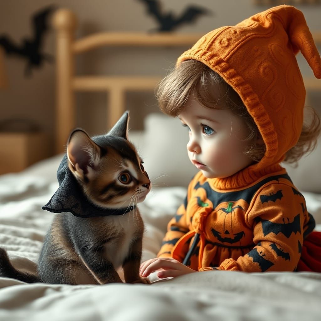 Girl and Kitten in Halloween Costumes, 3D Render