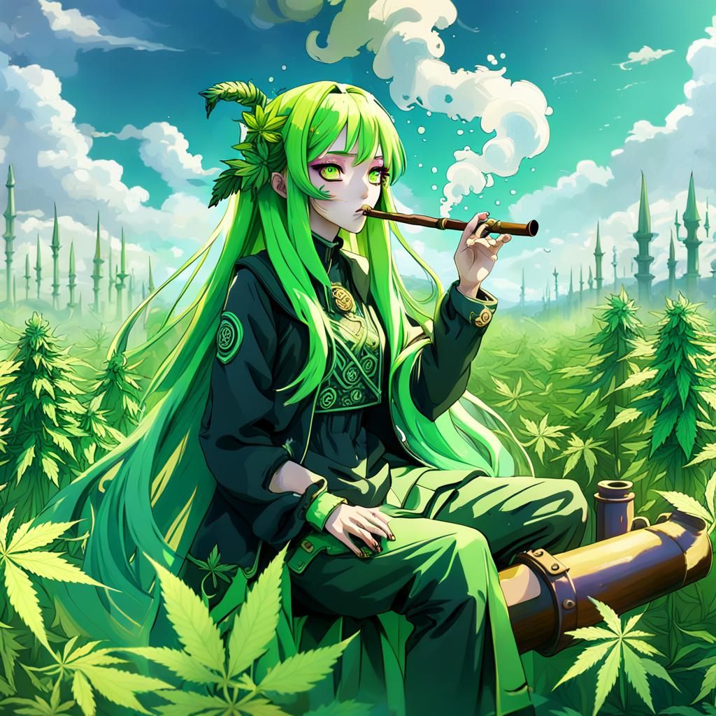 Anime Girl Smoking Pipe in Cannabis Field