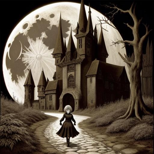 Dark Fantasy Creature Walks to Moon in Sepia Tones