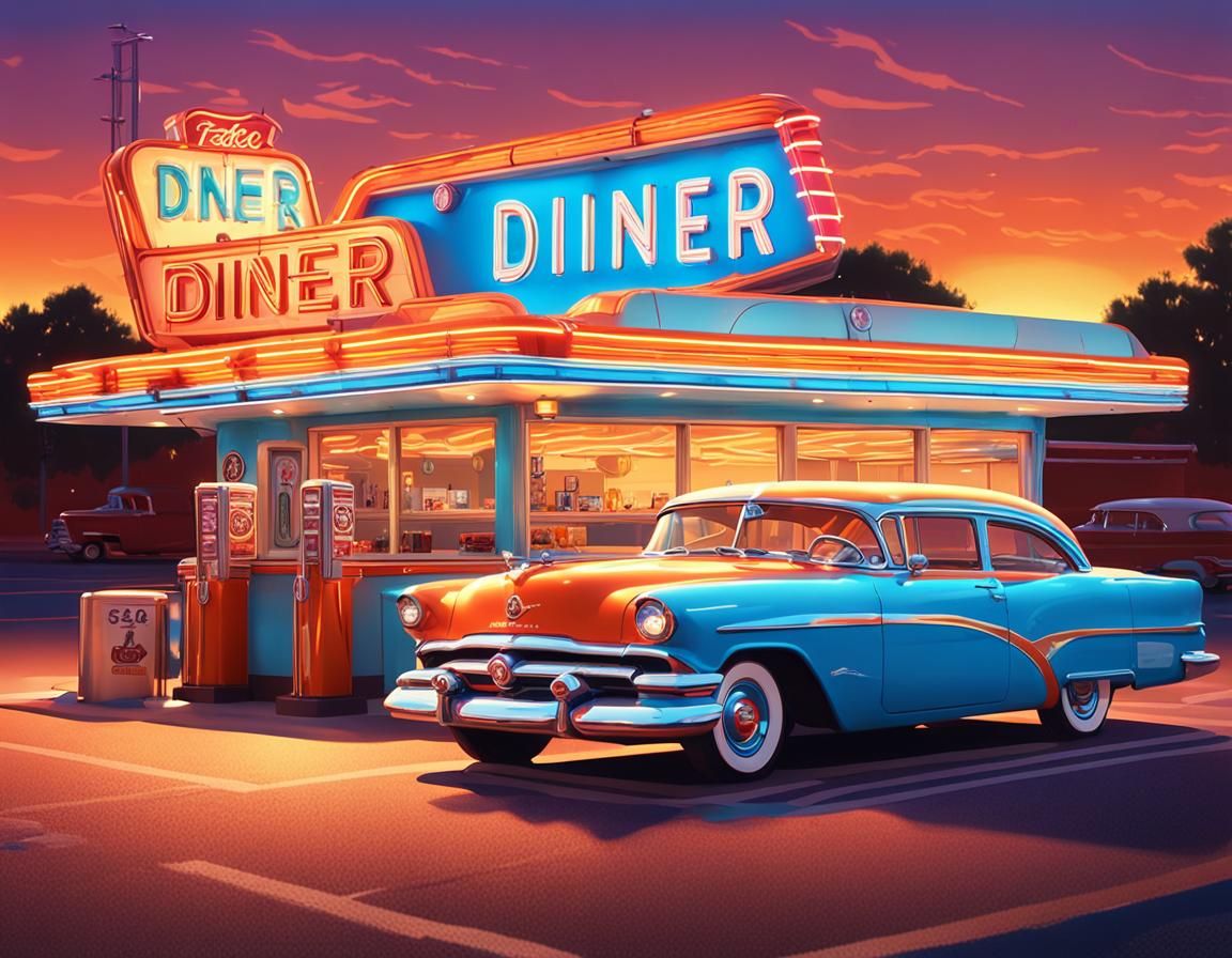1950s Diner on Route 66 in Comic Style