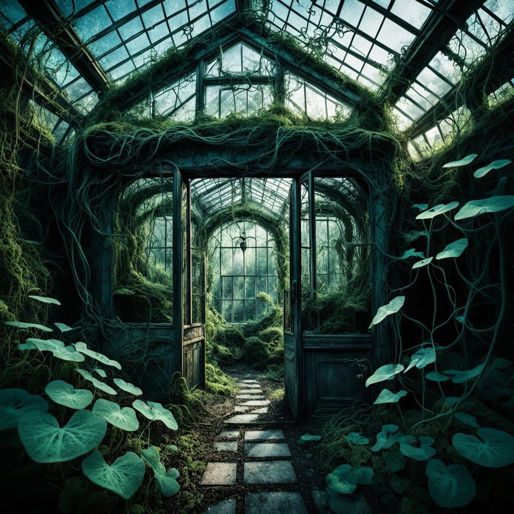 Surreal Bioluminescent Greenhouse with Glowing Fungi