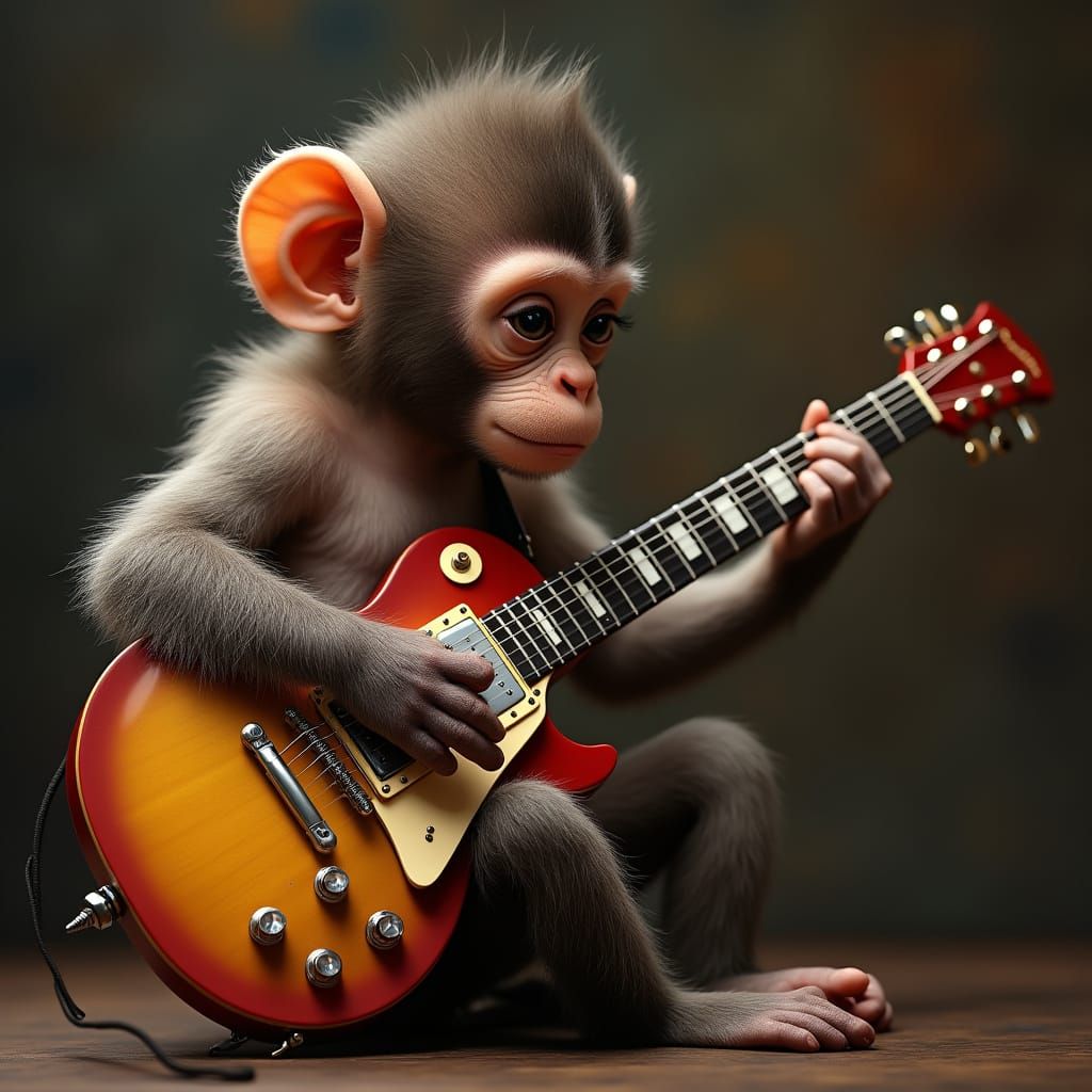 Hyper Realistic Baby Monkey Rocks Electric Guitar