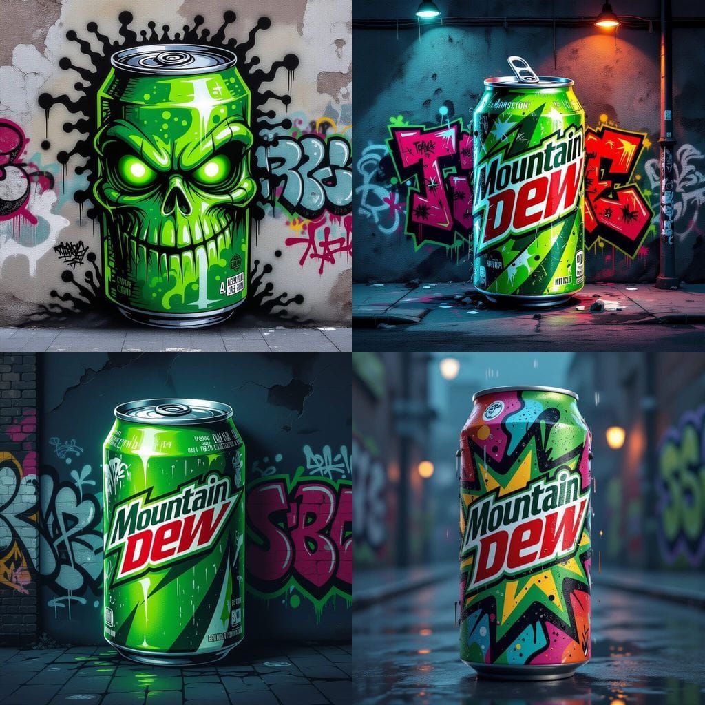 Mountain Dew Can Graffiti Street Art in Tim Burton Style