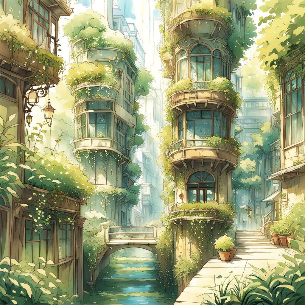 Solarpunk Hanging Gardens: A Ghibli-Inspired Scene