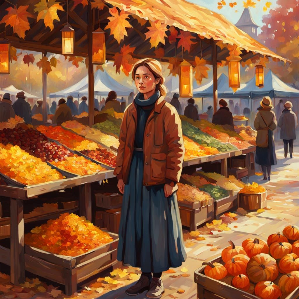 Impressionist Woman at Autumn Market Stall