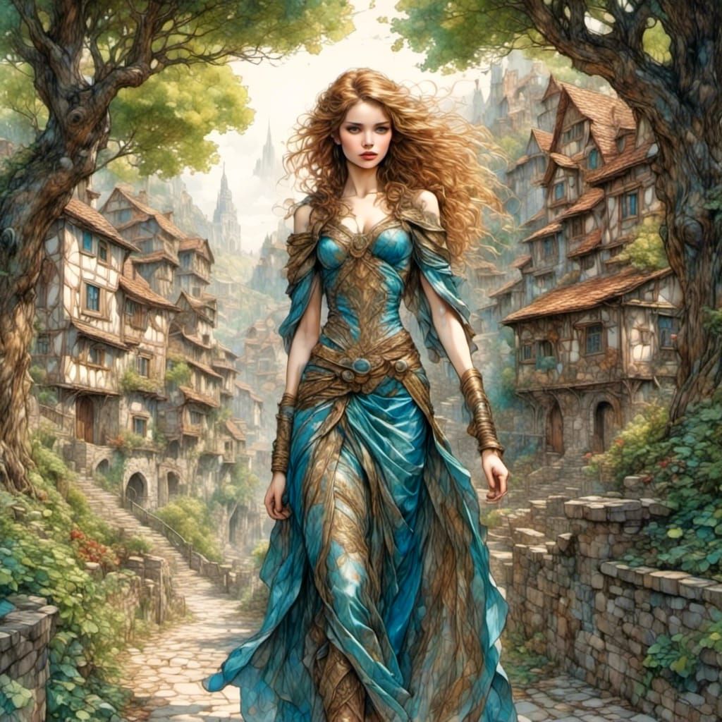 Majestic Giantess Striding Down Road in Fantasy Style