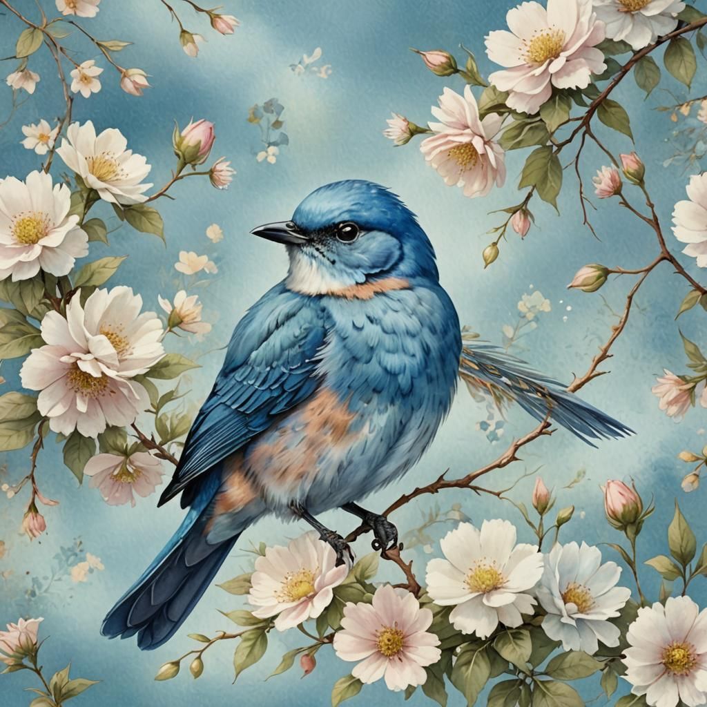 Blue Bird Surrounded by Flowers in Watercolor Style