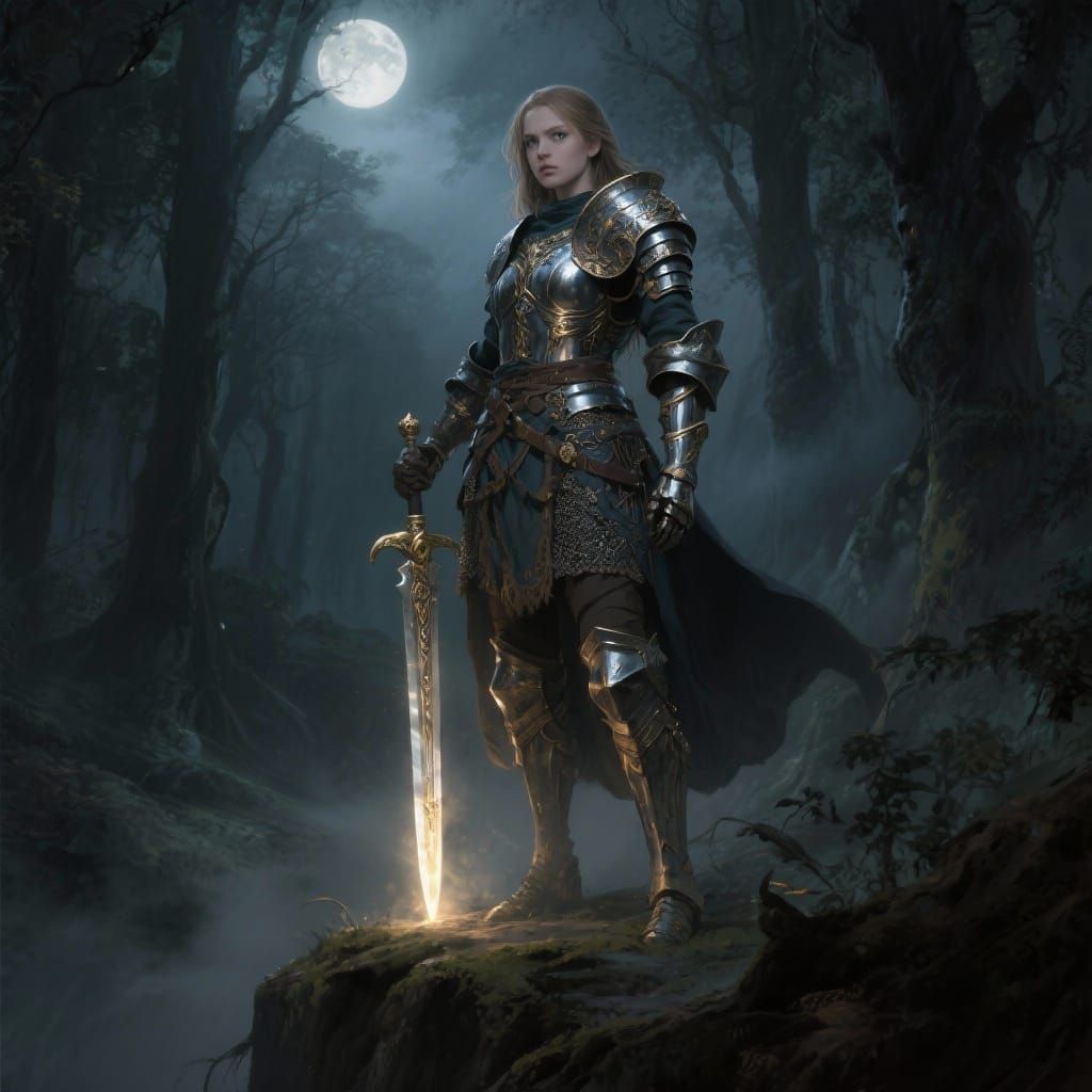 Brave Knight with Glowing Sword in Enchanted Forest