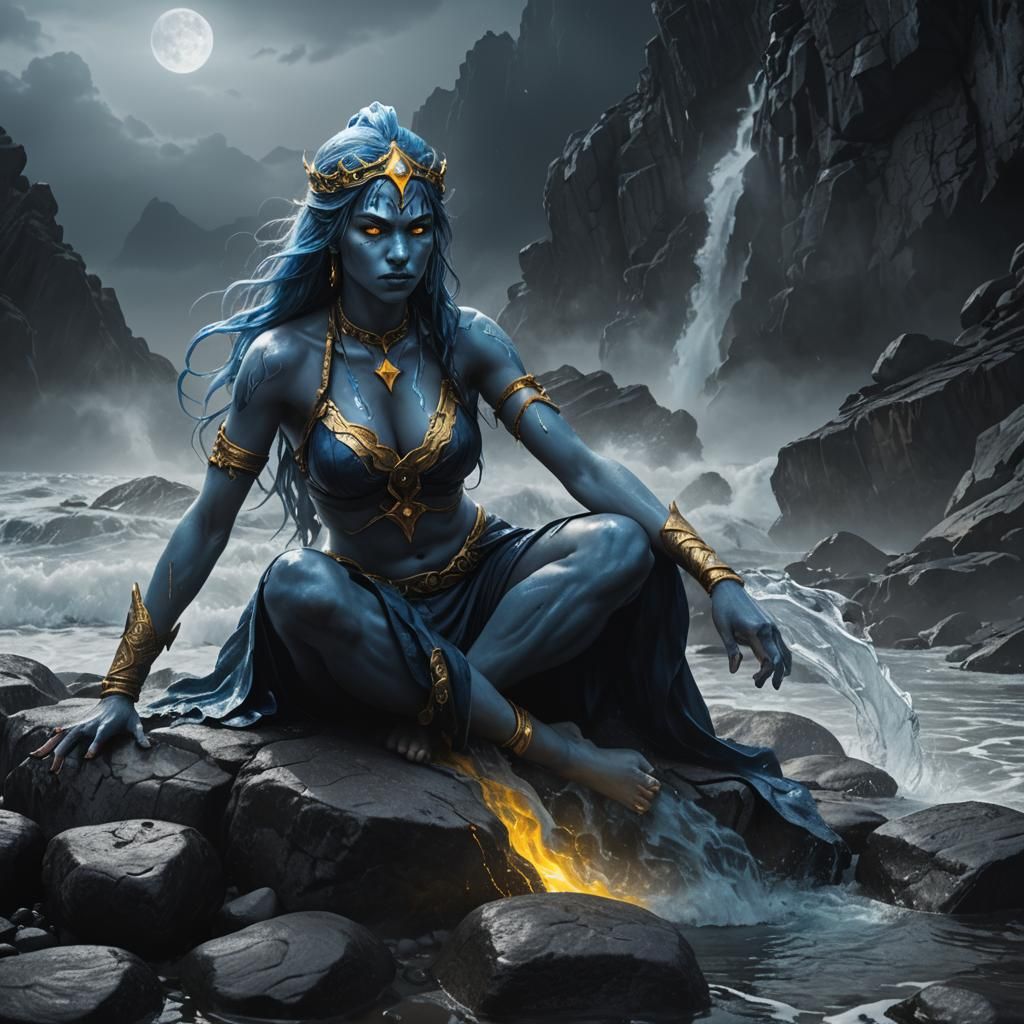 Mysterious Water Djinn on Rocky Beach: Dark Fantasy Art