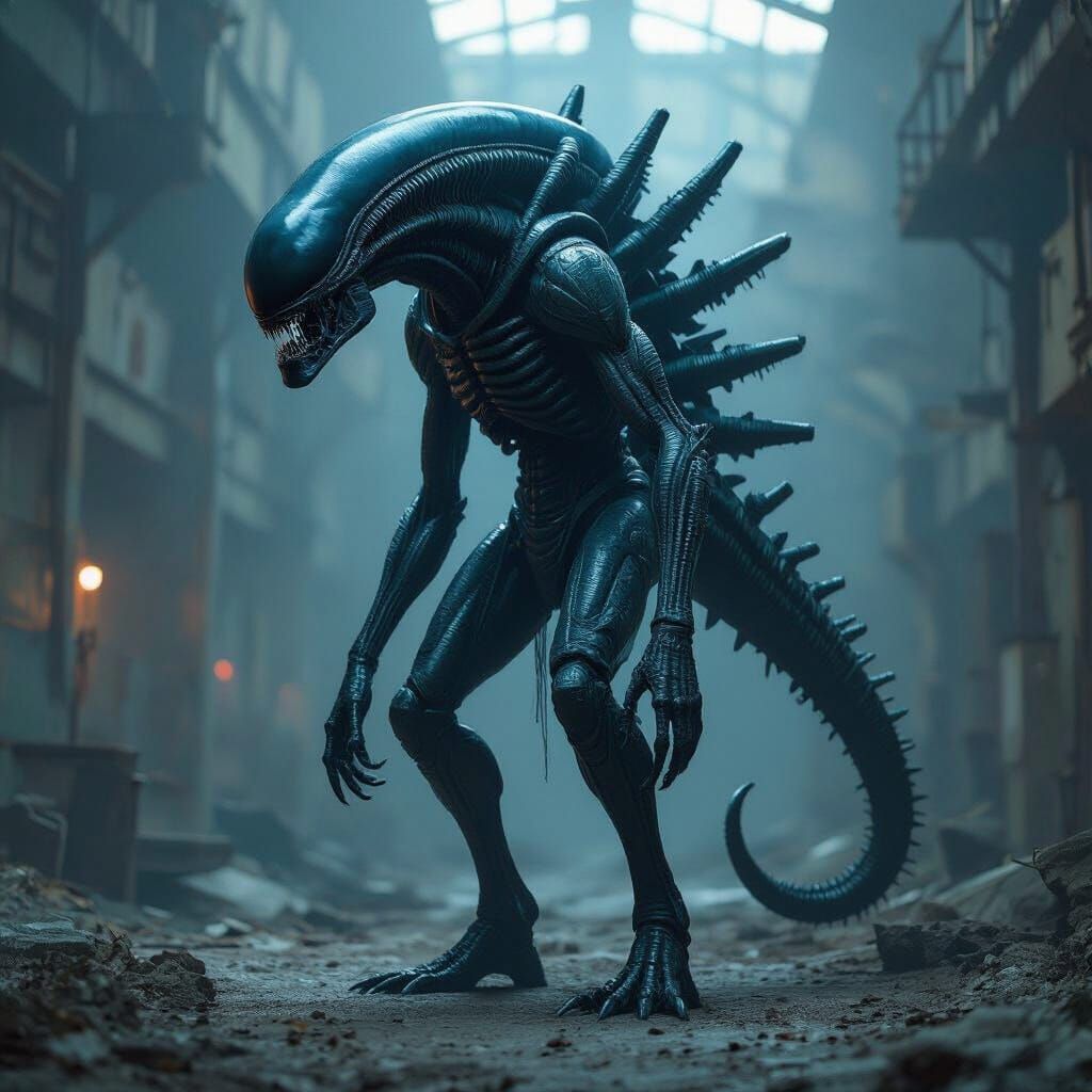 Terrifying Xenomorph in Abandoned Industrial Setting