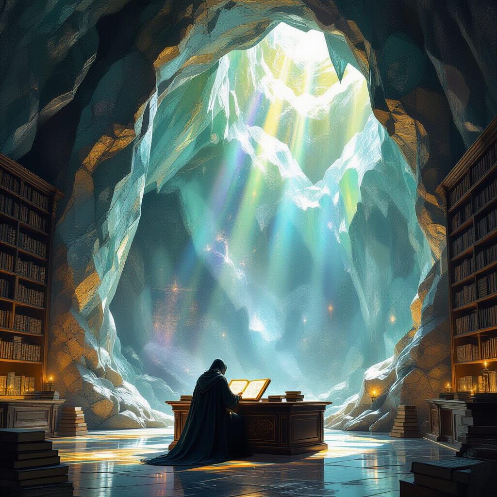 Ancient Crystal Geode Library with Glowing Runes