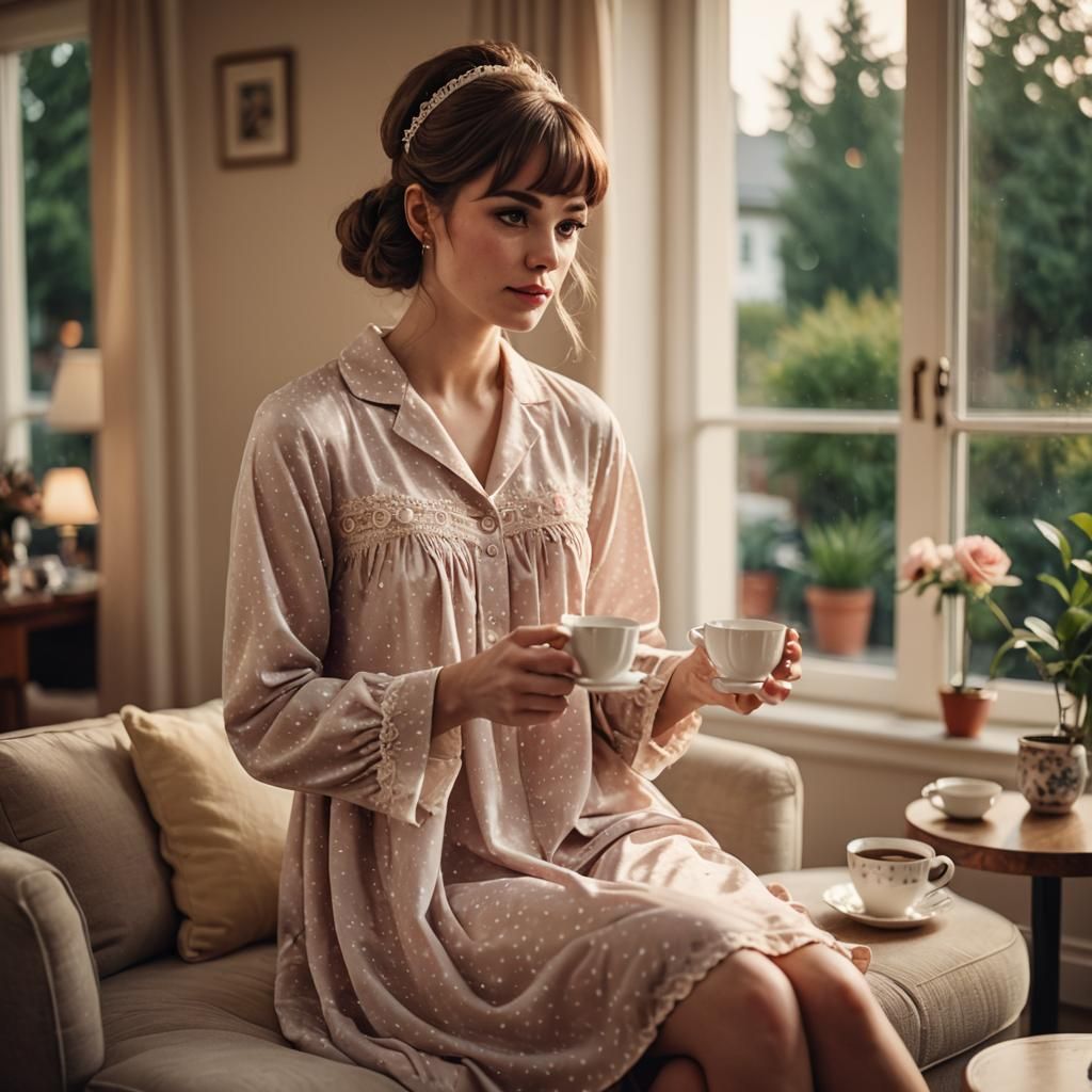 Elegant Tomboy Crossdressing in Vintage Nightgown Brings Tea...