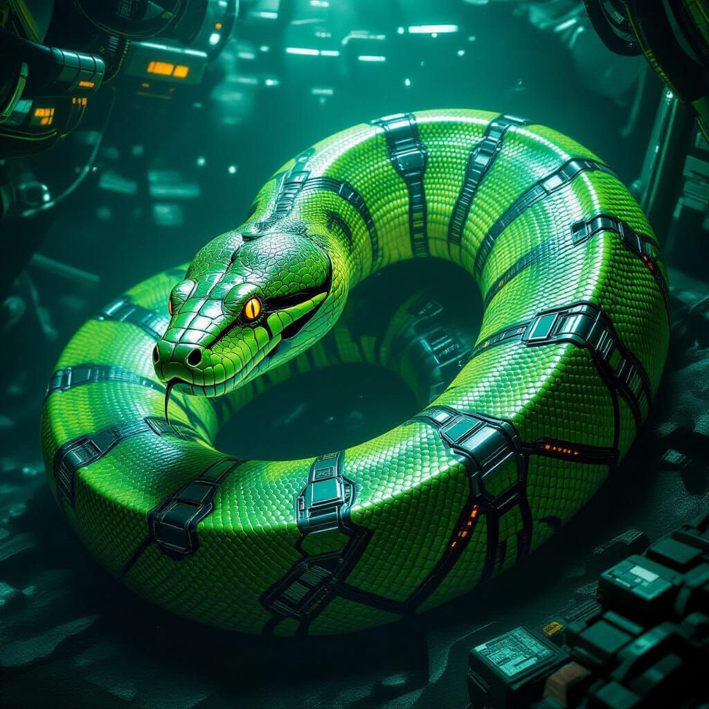 Bioluminescent Biomechanical Anaconda in Cyberpunk Style