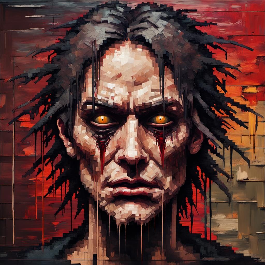 Disturbing Pixelated Face in Gothic Impressionist Style