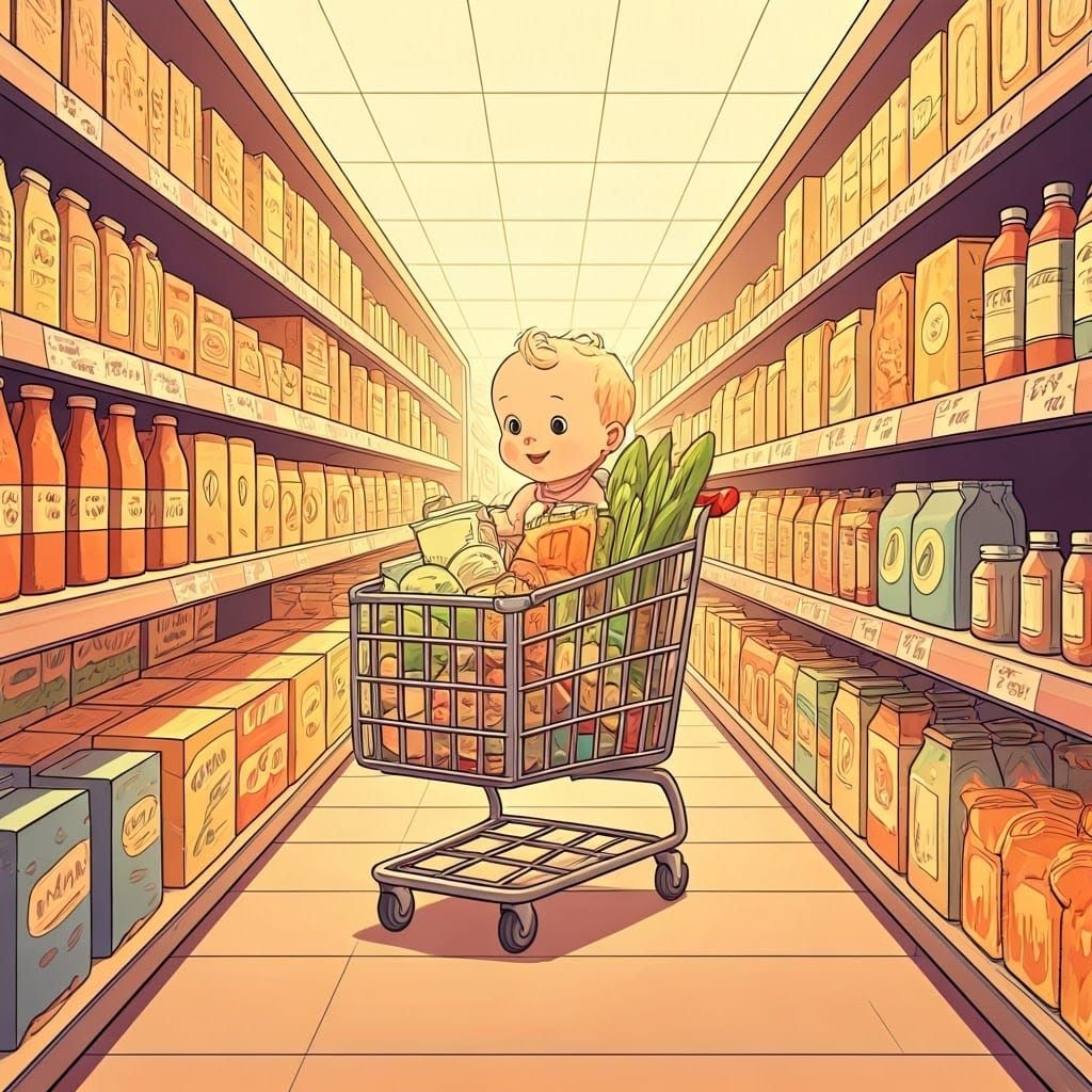 Whimsical Cartoon Supermarket Scene with Happy Baby and Over...
