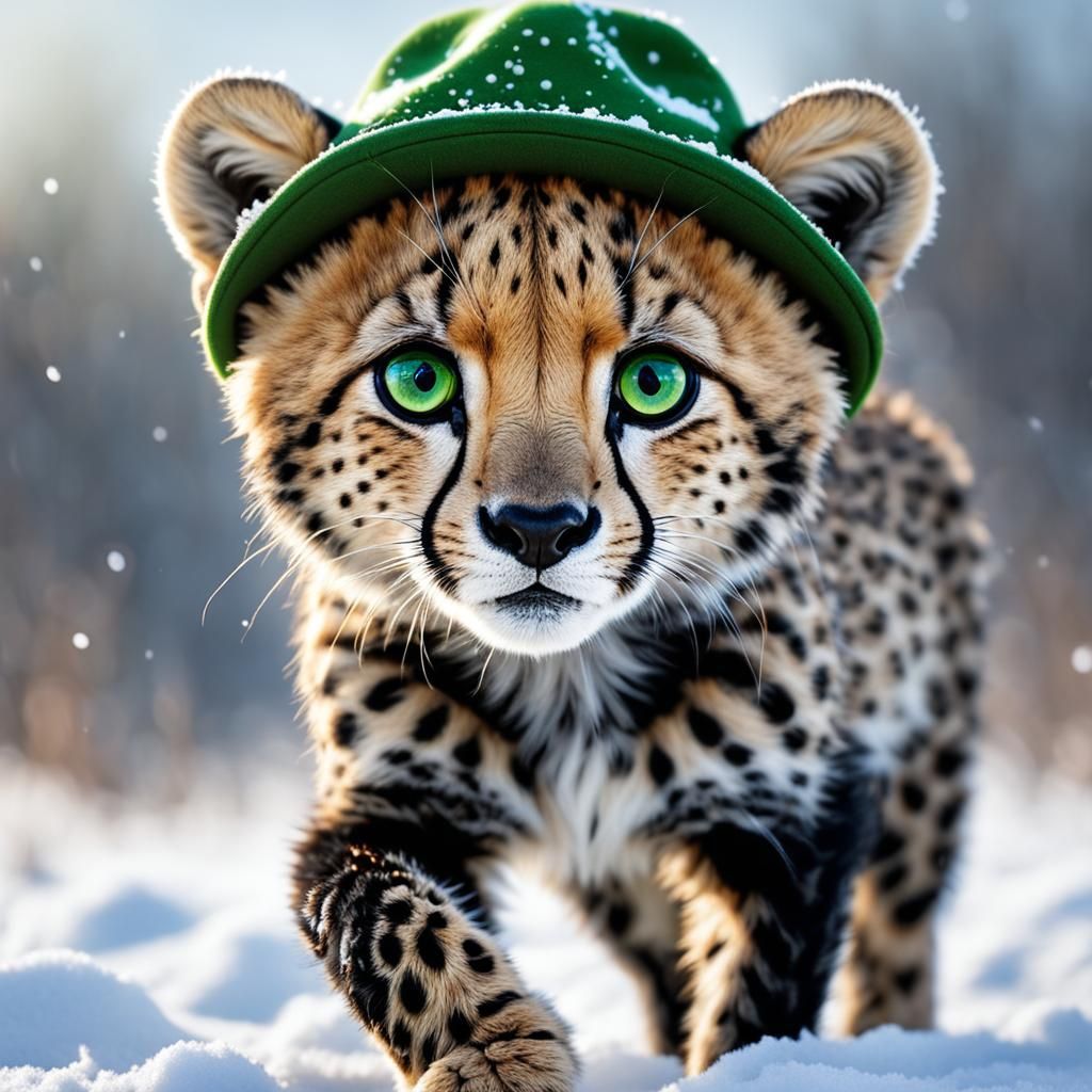 Cute Baby Cheetah in Snow, Hyperrealistic Style