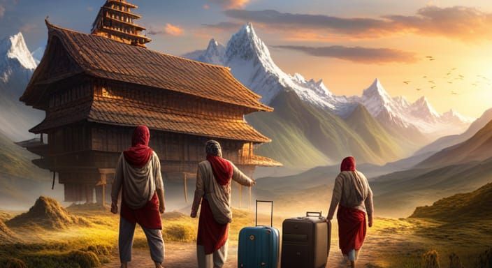 Nepali Men with Luggage at Airport, Detailed Digital Art