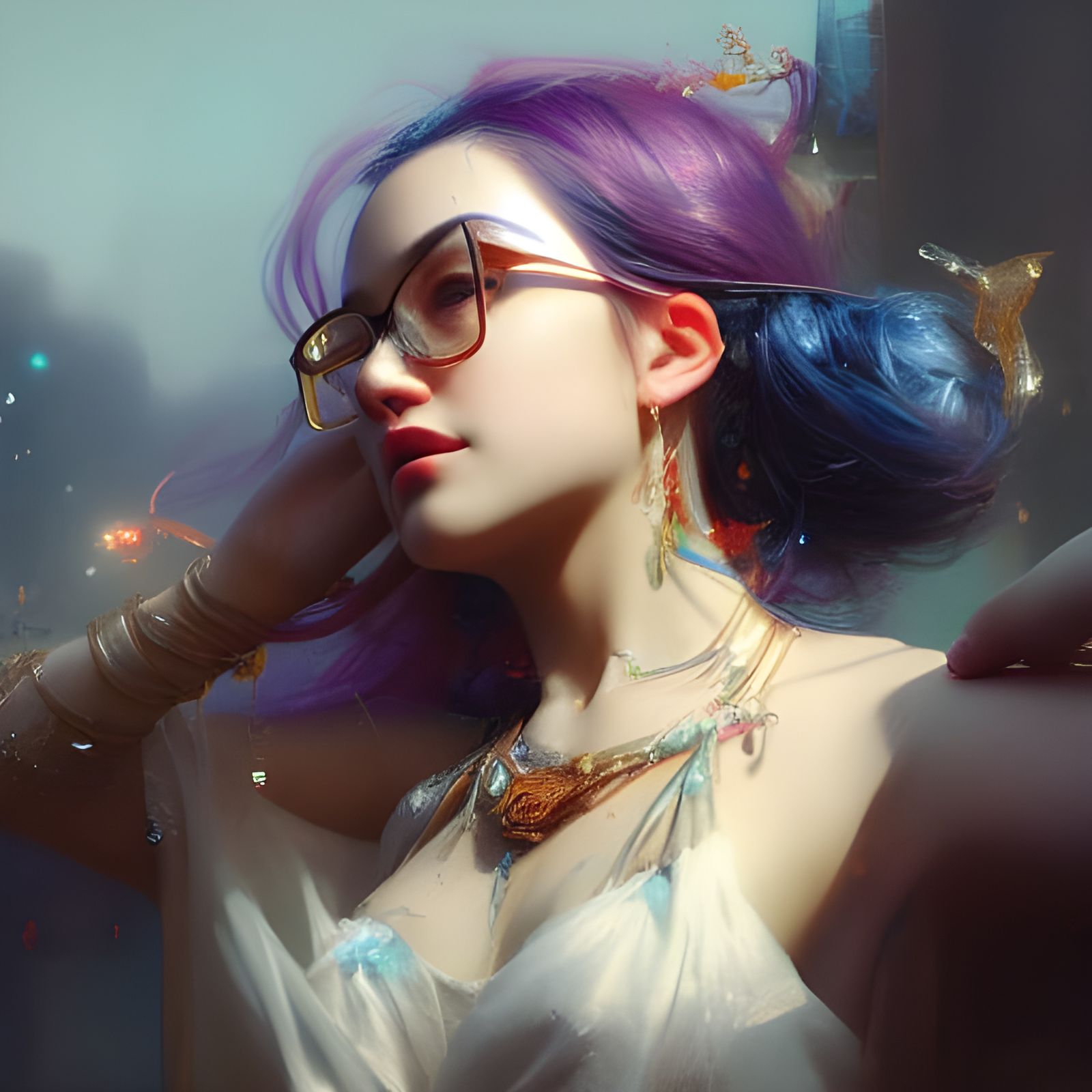 Aetherpunk Woman with Glasses in Volumetric Lighting