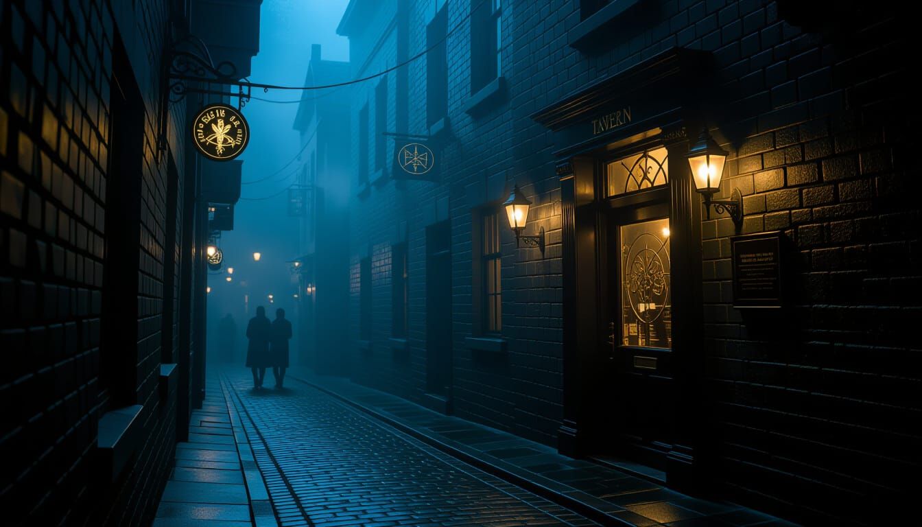 Midnight Alleyway with Glowing Tavern Door in Ethereal Mist