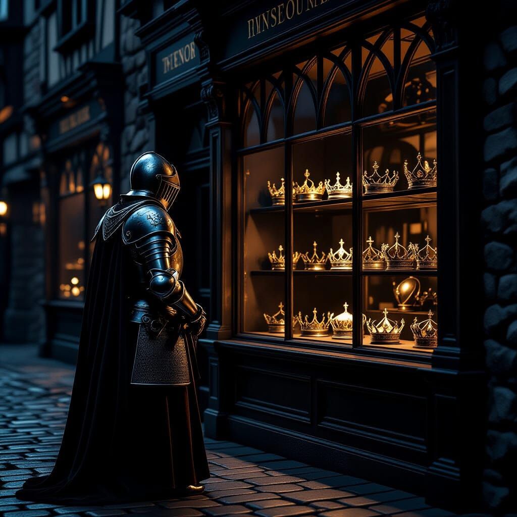 Knight Gazes at Crowns in Moody Medieval Shop Window