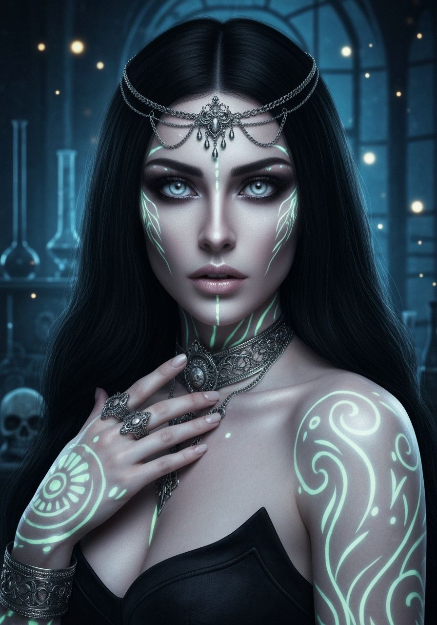Gothic Laboratory: Beautiful Woman with Glowing Tattoos