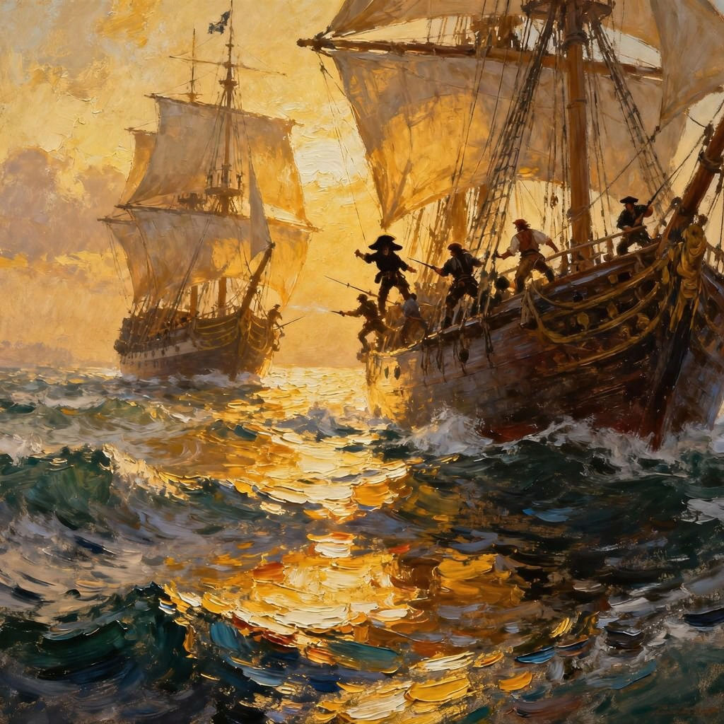 Pirate Ship Boarding Merchant Vessel in Stormy Seas