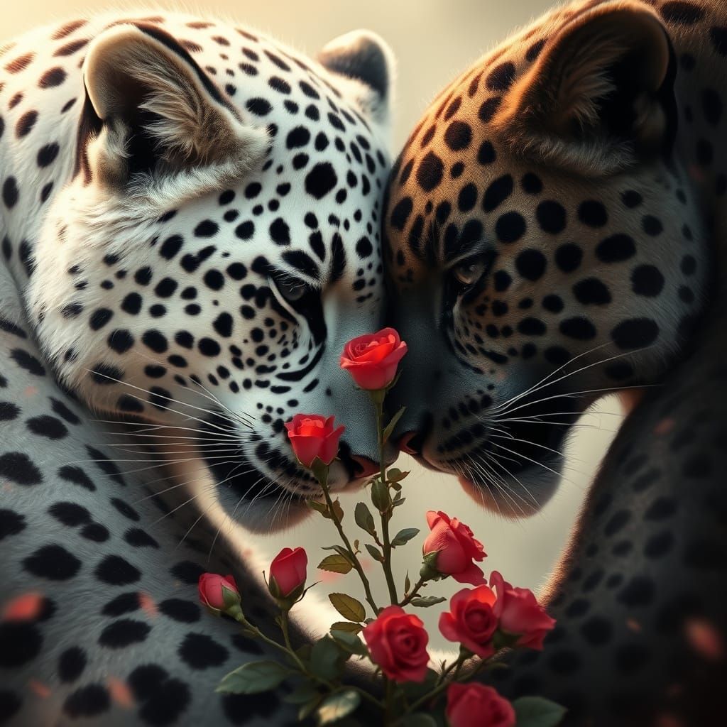 Snow Leopard and Jaguar Embrace in Oil Painting Style