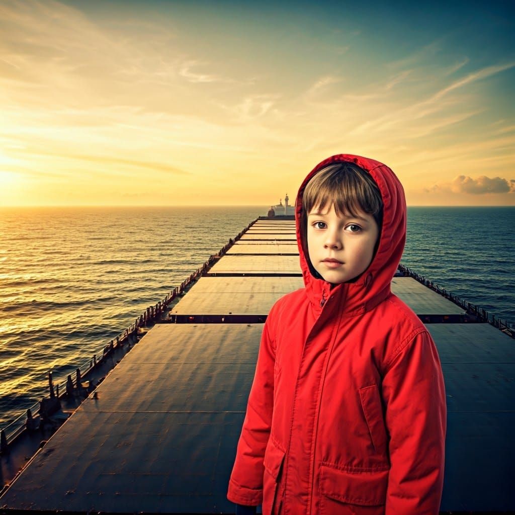 Boy in Red Jacket on Cargo Ship at Sunset
