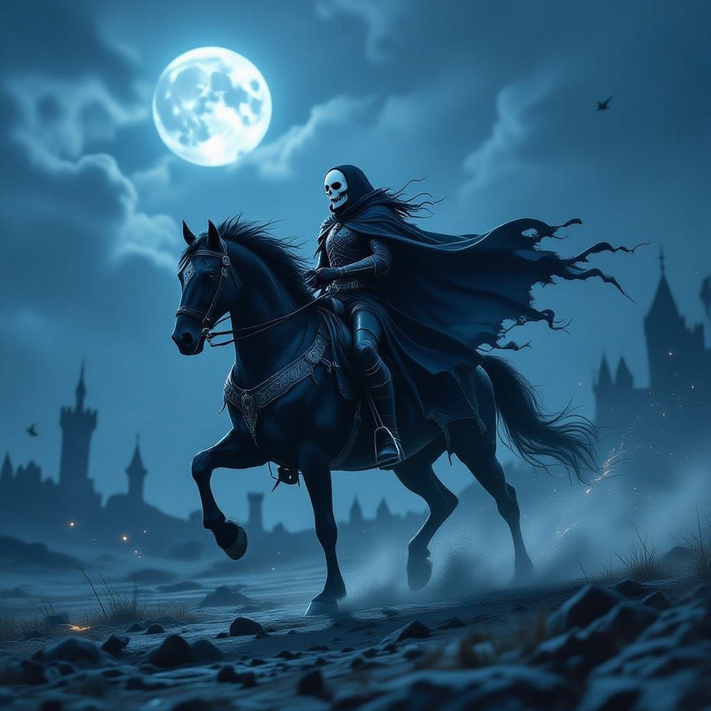 Skellington Rider on Ghostly Steed in Dark Fantasy